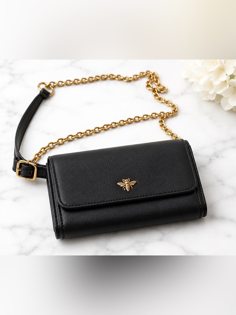 Black Chain Crossbody Wallet with Gold Bee Accent